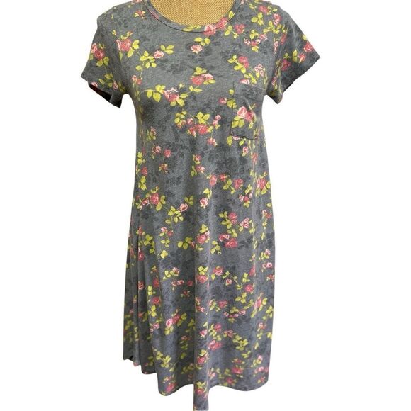 LulaRoe Unicorn Carly Swing Dress Size XXS Gray Pink Rosette Rose Floral Green - Picture 2 of 9